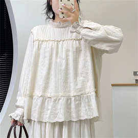 日系森系花边立领加绒提花棉衬衫女秋冬新款减龄百搭外穿打底上衣