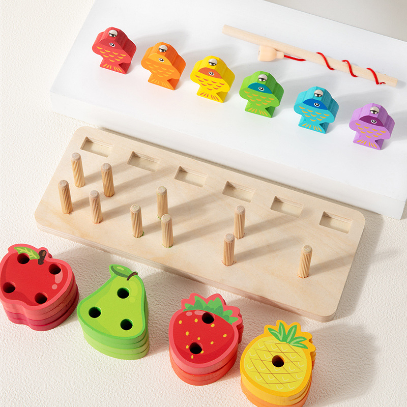 Educación temprana rompecabezas de frutas columna juegos de pesca de color ejercicio cognitivo movimiento fino mano ojo coordinación juguetes