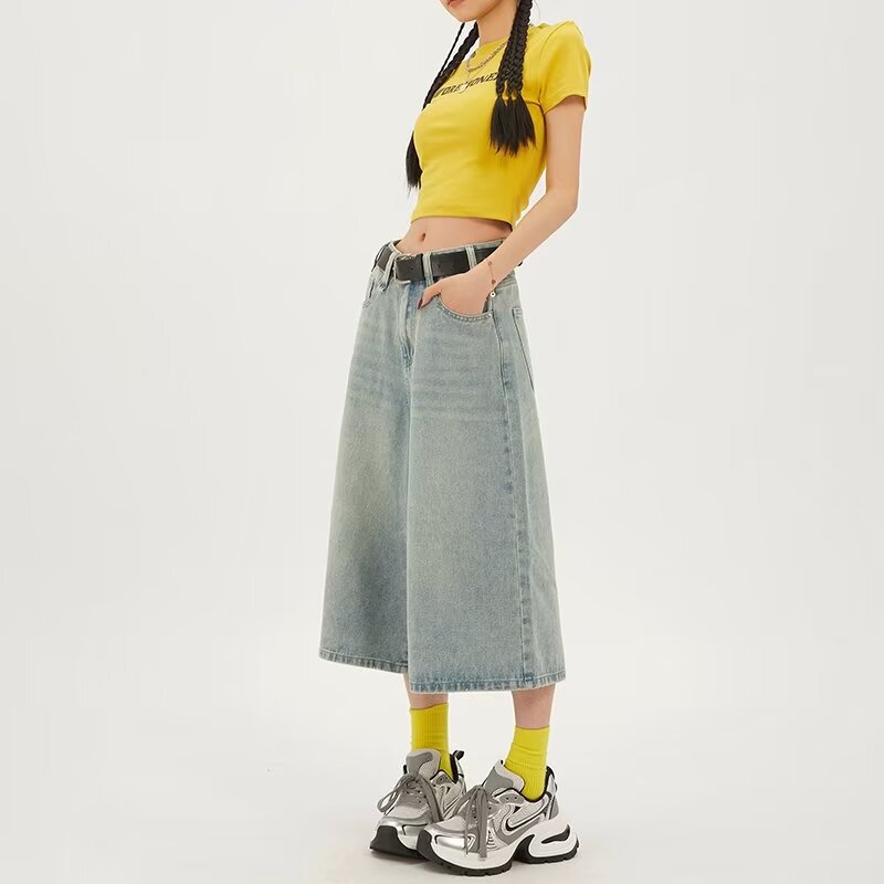 light blue Denim Shorts Women's Summer New Retro High Waist Loose Straight Pants Short Capri Wide-leg Pants