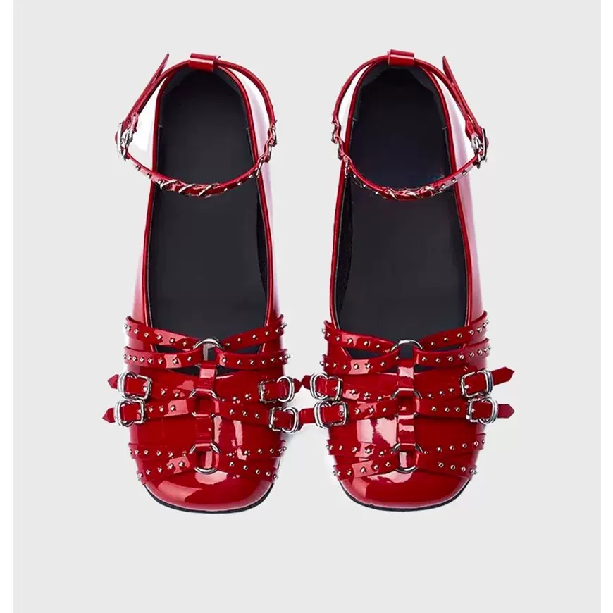 芭蕾舞平底鞋女2025春季新款真皮复古单鞋铆钉内增高浅口玛丽珍鞋