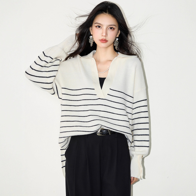 2025新款条纹毛衣女早秋白色翻领针织衫慵懒风简约松弛感休闲毛衫|undefined