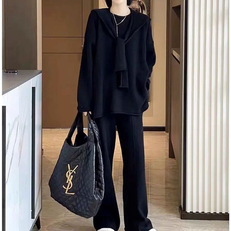 秋冬新款宽松显瘦套头针织套装女年直筒阔腿长裤纯色三件套潮百搭|undefined