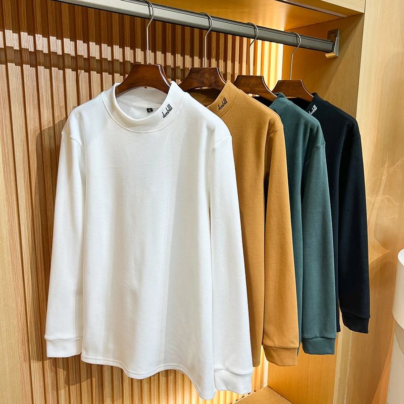 이탈리아 명품! 초극세 따뜻한 벨벳! 봄, 가을 남성용 단색 하프넥 자수 데벨벳 긴팔 티셔츠 베이스 레이어