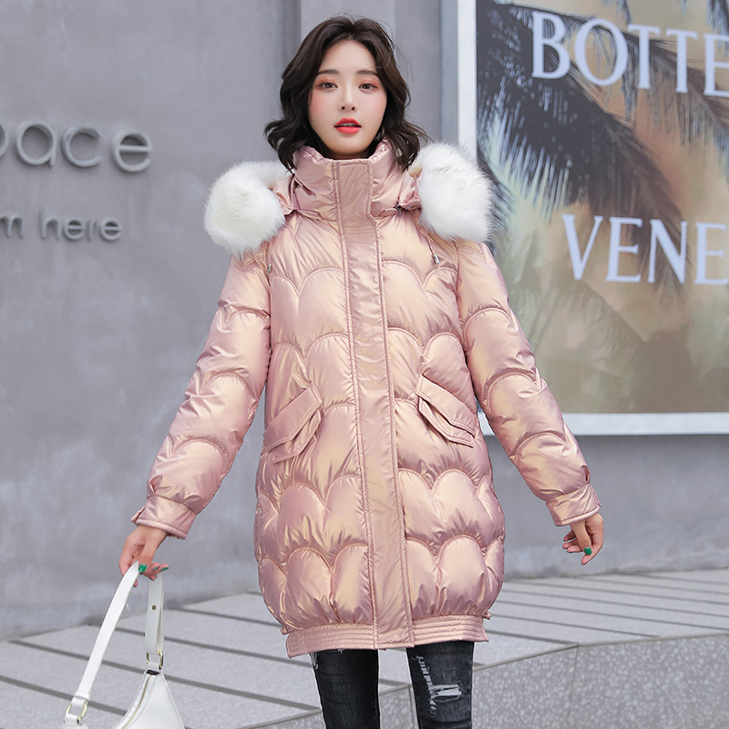 Cara brillante y colorida ropa de algodón de pluma media y larga para mujeres 2021 nuevo invierno coreano suelto de moda gruesa abrigo de algodón image 6