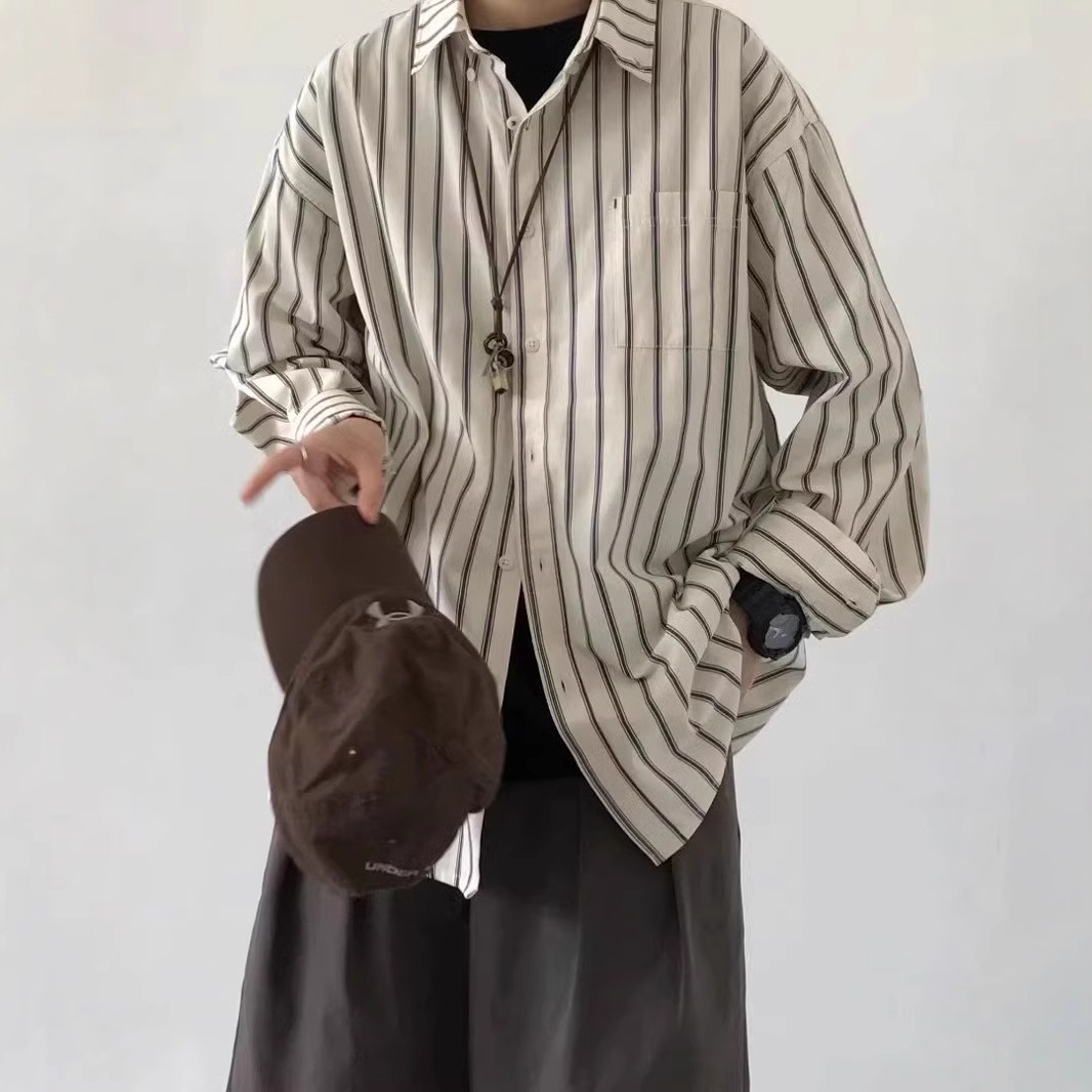 중립 스타일 스트라이프 셔츠 남자의 긴 소매 스태킹 일본 스타일 레트로 탑 디자인 센스 니쉬 내면이 봄과 가을을 입고