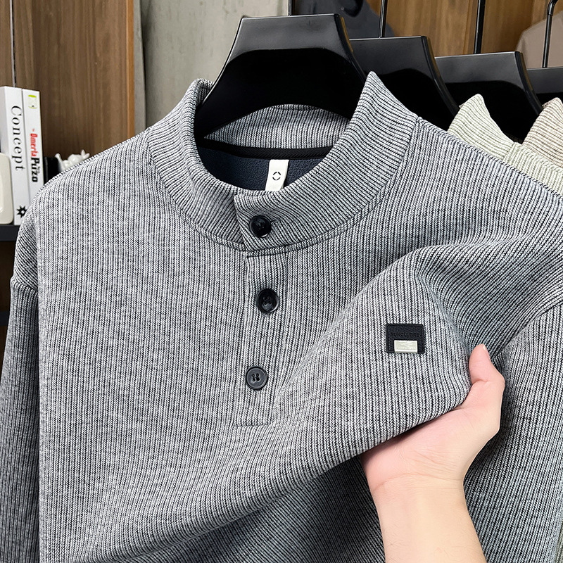 Áo nỉ nam cổ lọ len dệt kim lót lông cừu dày giữ ấm — màu đen