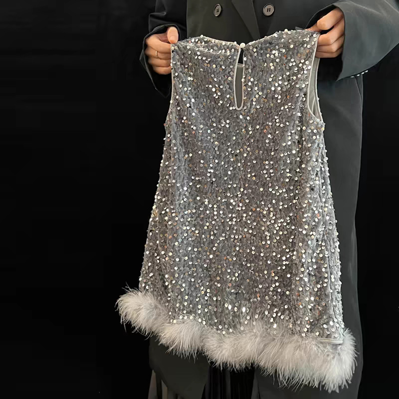 Ropa de marca infantil 2025 primavera nuevo vestido de niña niño de alta sensibilidad chaleco de plumas vestido vestido princesa