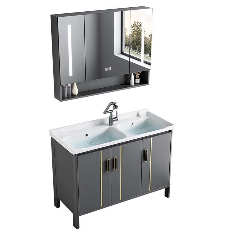 Armario de baño de aluminio espacial, mesa de lavado combinada, lavabo doble integrado de cerámica, mesa de lavado de lujo ligera, baño, piso al aire libre