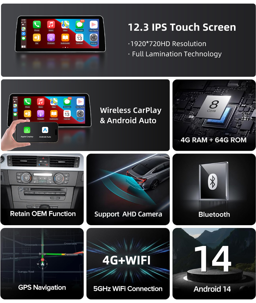 Car Navigation Large Screen Suitable for Bmw 3 Series E90 E91 E92 E93 2005-2012 Bluetooth Carplay