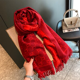 Double-Sided Red Imitation Cashmere Scarf for Women in Winter Wedding Celebration Chinese Red Tassel Customer Gift Shawl