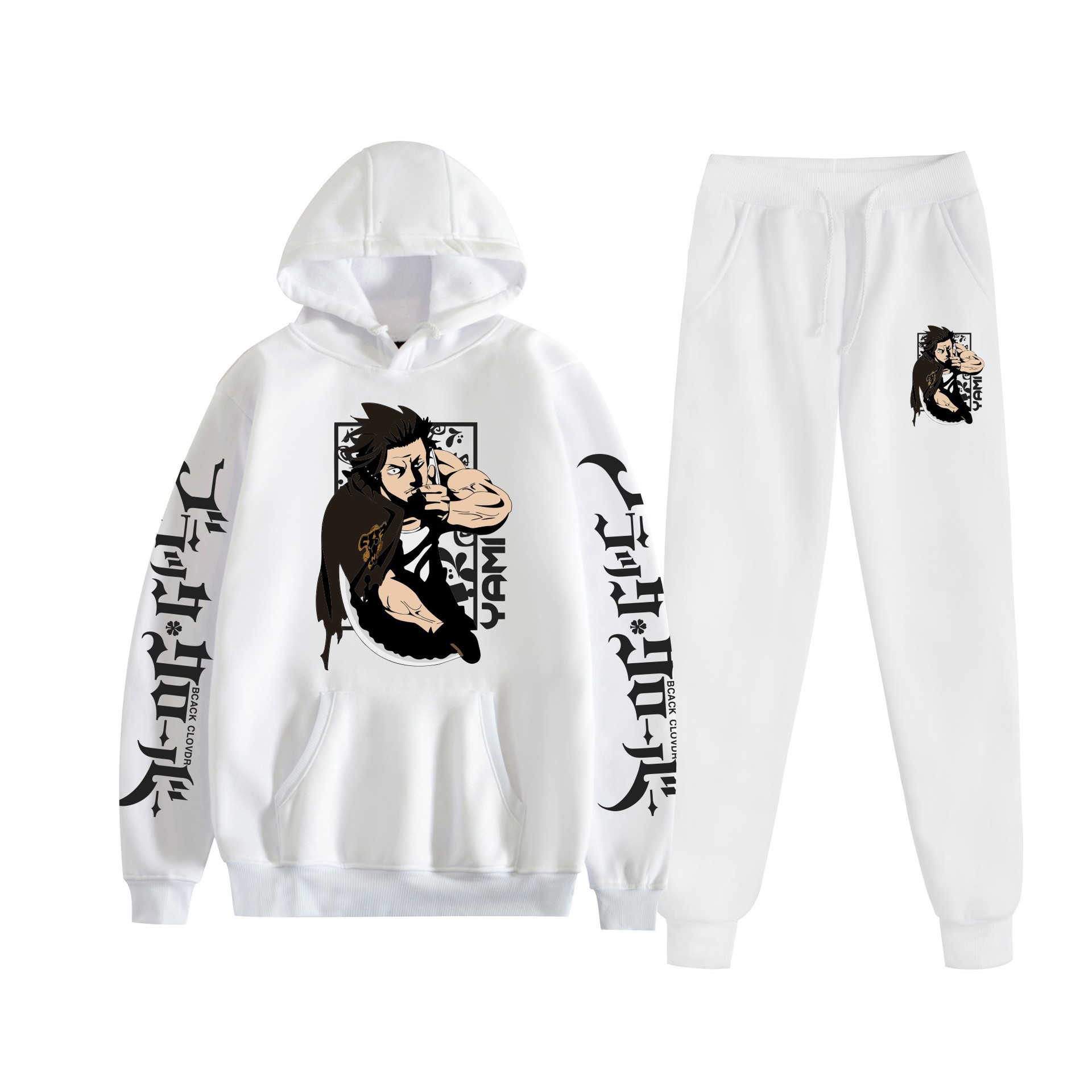 Trébol de cuatro hojas negro nuevo estilo transfronterizo Black Clover pareja suéter con capucha hombres y mujeres pantalones de dos piezas