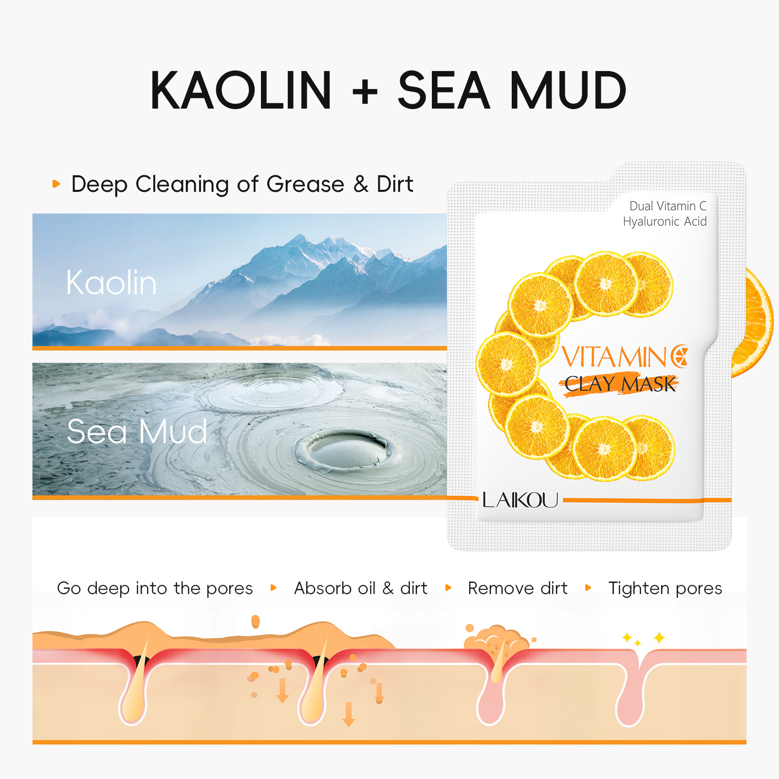 Cross-border in-stock new LAIKOU Vitamin c Mud Mask 5g*12 for pore cleansing, hydration and moisturizing, one-stop delivery undefined