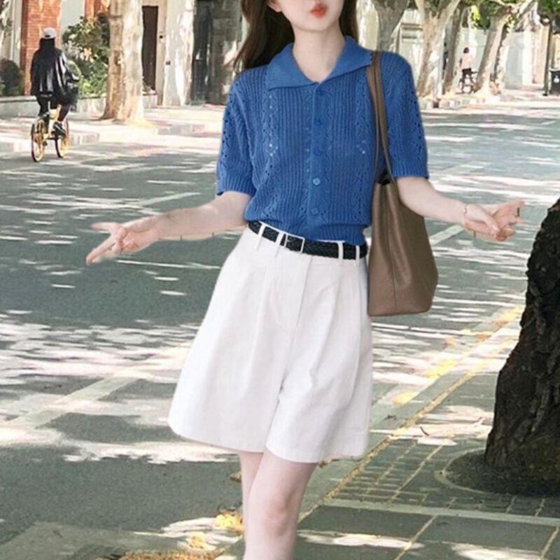 French-Style Elegant Blue Hollow-Out Ice Silk Knit Cardigan Top for Women, Summer Stunning Short Polo Collar Short-Sleeve T-Shirt