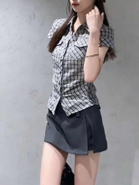 韩系复古格子短袖衬衫女夏2025新款掐腰气质衬衣修身显瘦辣妹上衣|undefined