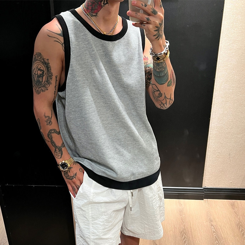 American Retro Style Tank Top for Men, Thin Summer Loose Sleeveless T-Shirt with Cleanfit Design and Color-Blocking