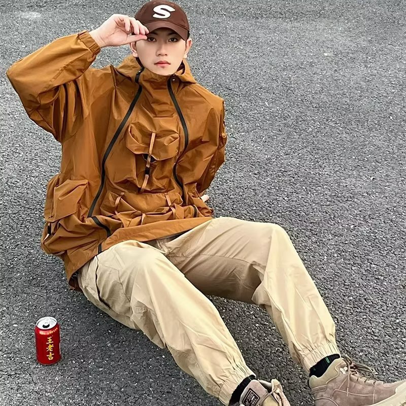 아메리칸 스타일 멀티 힙합 야외 충전 재킷 캠핑 포켓 방수 남성 봄과 가을 유행 브랜드 재킷 느슨한 등산