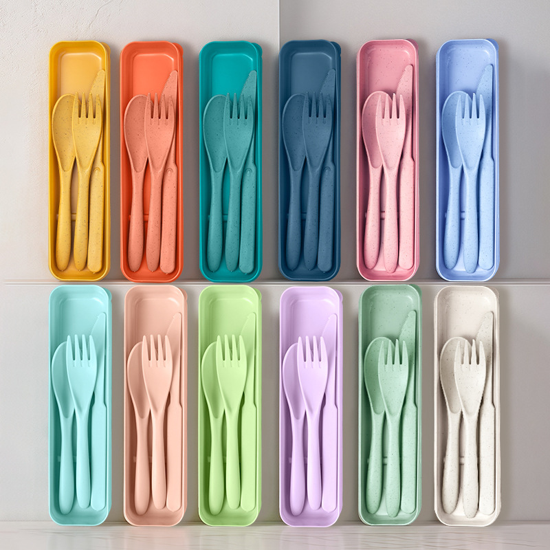 Portable Wheat Straw Knife, Fork and Spoon Tableware Travel Picnic Kidsren's Reusable Lunch Box Plastic Tableware