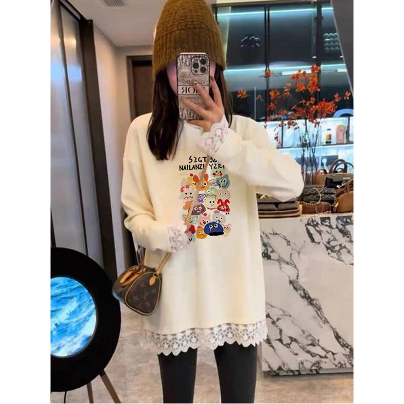 Niche Mid-Length Lace Hem Brushed Cotton Round Neck Long Sleeve T-Shirt for Women, Loose Fit, Covers the Hips, Base Layer Top Niche Mid-Length Lace Hem Brushed Cotton Round Neck Long Sleeve T-Shirt for Women, Loose Fit, Covers the Hips, Base Layer Top