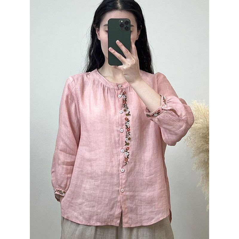 2024 Summer New Cardigan Long-sleeved Shirt Women's Cotton and Linen Round Neck Exquisite Embroidery Ethnic Style All-match Loose Slimming