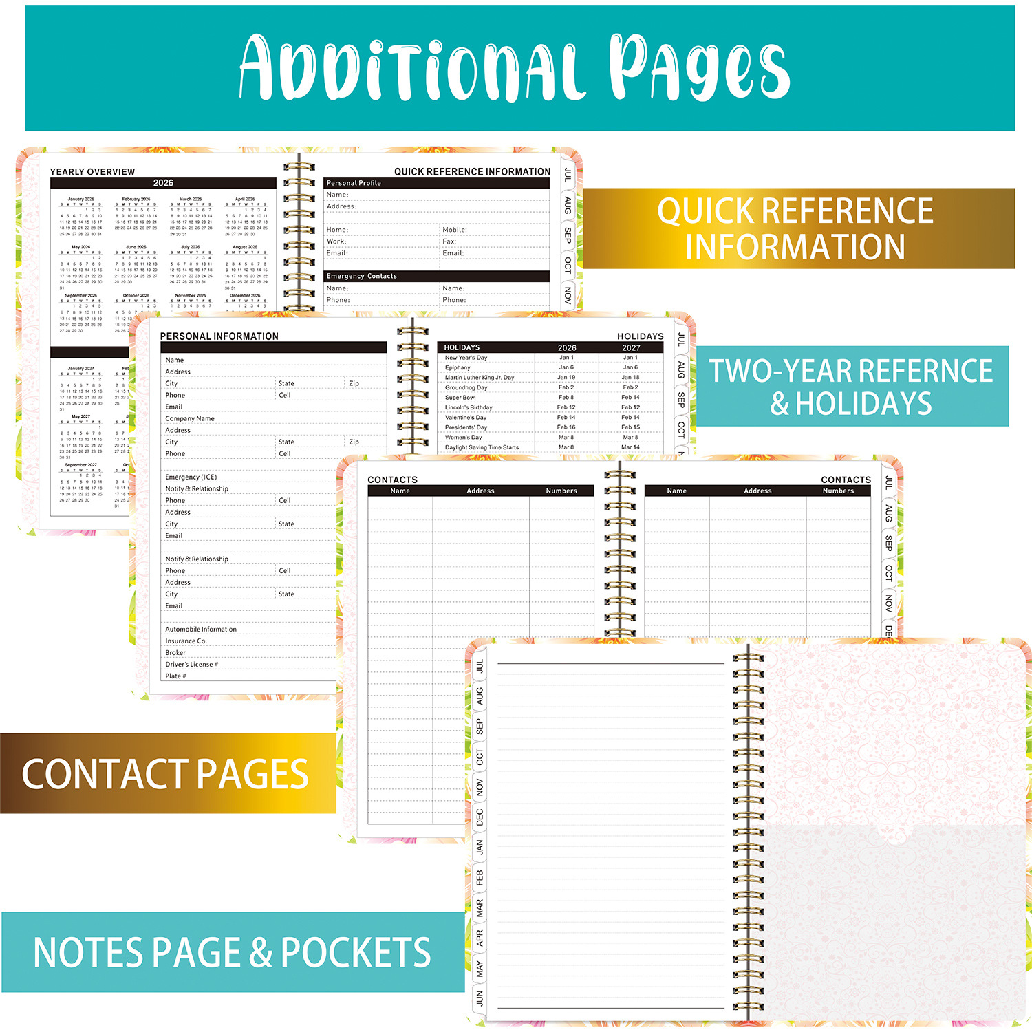 Agenda A5 transfronteriza de 26 años con páginas separadas para planificación de trabajo, registro de entrada, cuaderno de espiral en inglés.