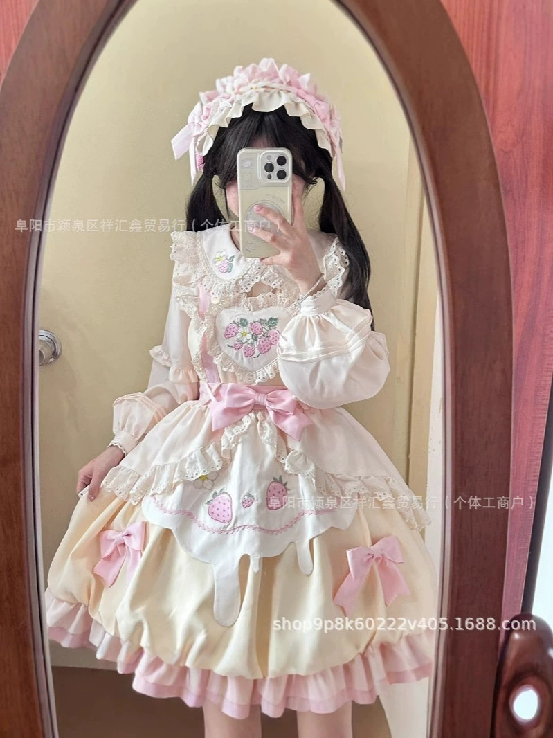 Lolita JSK (Genuine design) cute strawberry print, pastel bows, sizes S–XL
