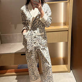 新款秋冬海岛绒法式碎花轻奢睡衣女高级感加厚保暖套装
