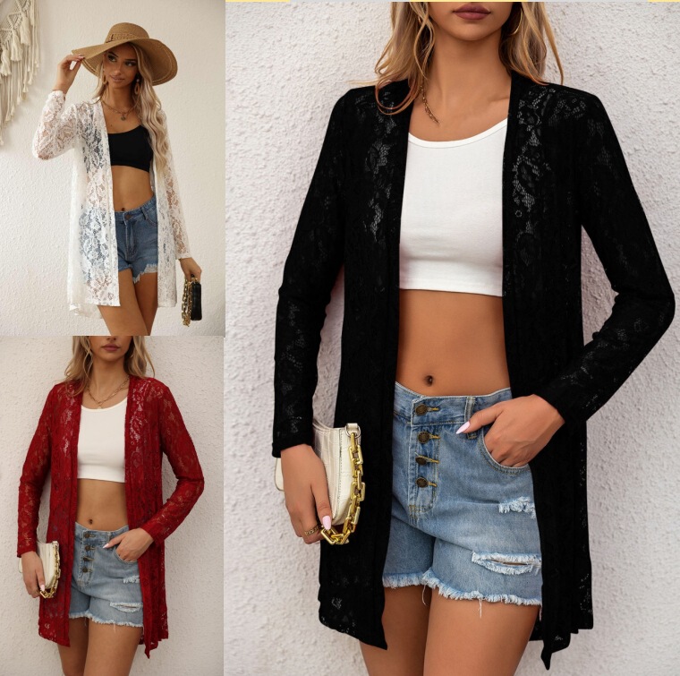 Independent real shot Amazon Europe and the United States cross-border ladies solid color lace cardigan jacket coat Independent real shot Amazon Europe and the United States cross-border ladies solid color lace cardigan jacket coat