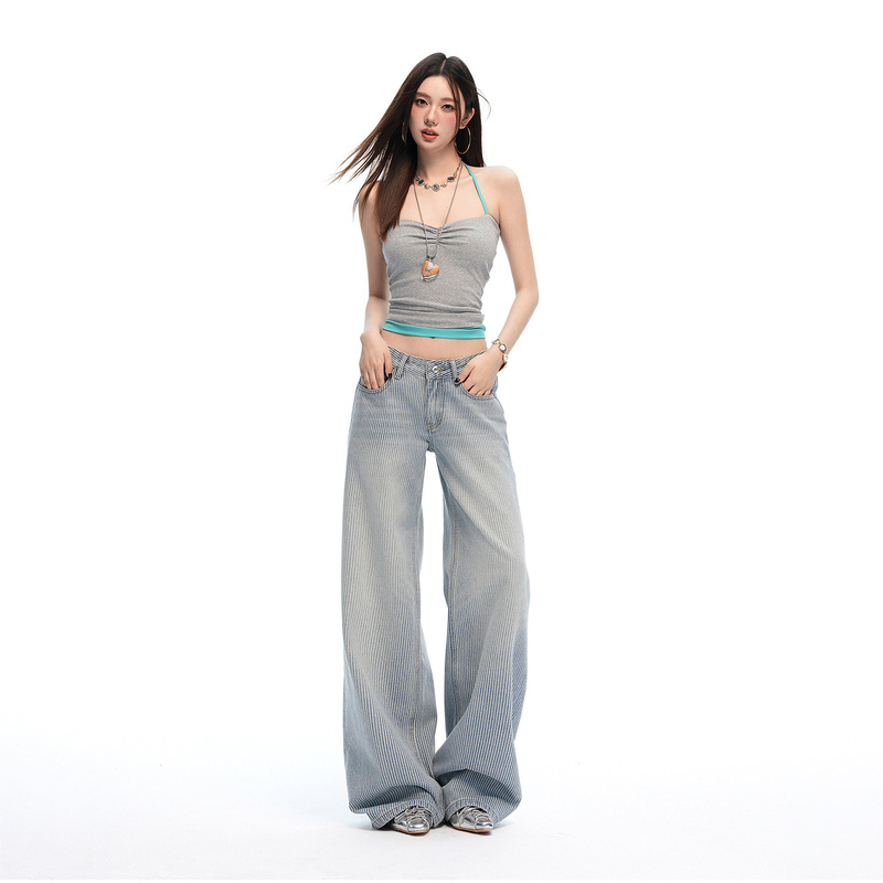 26Th Summer New Style American Retro Vertical Stripe Simple Design Loose Straight-Leg Jeans for Women