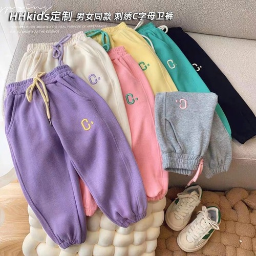 Long-term replenishment ~ One piece of spring and autumn styles for girls and children, versatile large C embroidered casual sports trousers for dropshipping