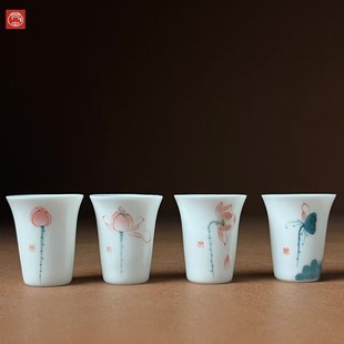 4 Lotus Flowers Bloom Alone, Ice Jade Porcelain Hand-Painted Ceramic Fragrance Cup 40ml High-End Chinese White Tea Cup Set