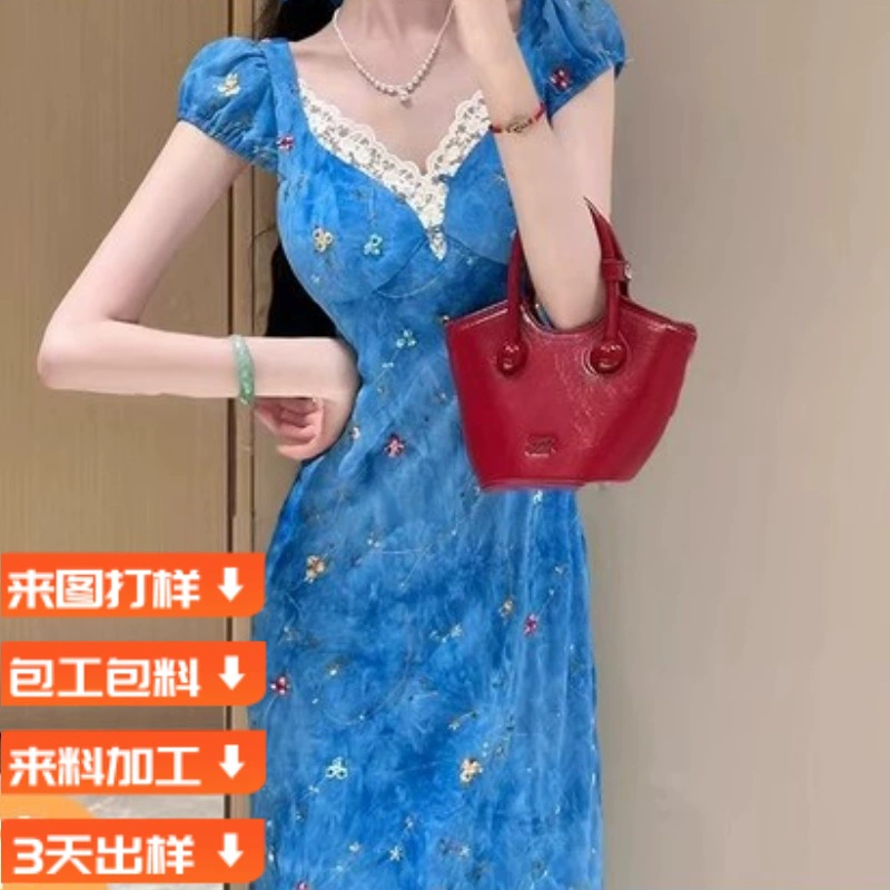 Летняя красивая шифоновая рубашка для женщин, летнее облегающее платье с короткими рукавами и рюшами на подтяжках с вышивкой.