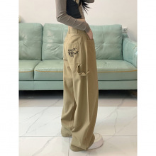 实拍#美式街头口袋刺绣工装裤女春季宽松休闲慵懒阔腿直筒牛仔裤