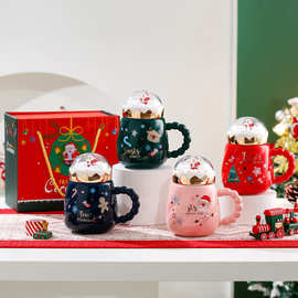 出口高颜值圣诞马克杯创意卡通带盖陶瓷水杯圣诞节伴手礼套装批发