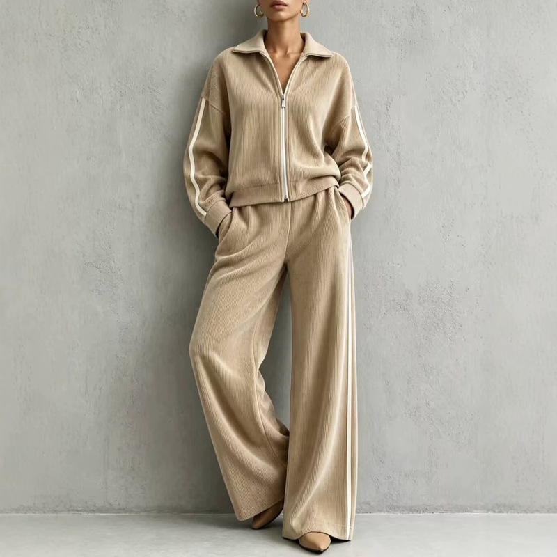 Cross-border European and American women's clothing for autumn and winter: corduroy casual two-piece set with a collared zip-up jacket and high-waisted wide-leg pants Cross-border European and American women's clothing for autumn and winter: corduroy casual two-piece set with a collared zip-up jacket and high-waisted wide-leg pants