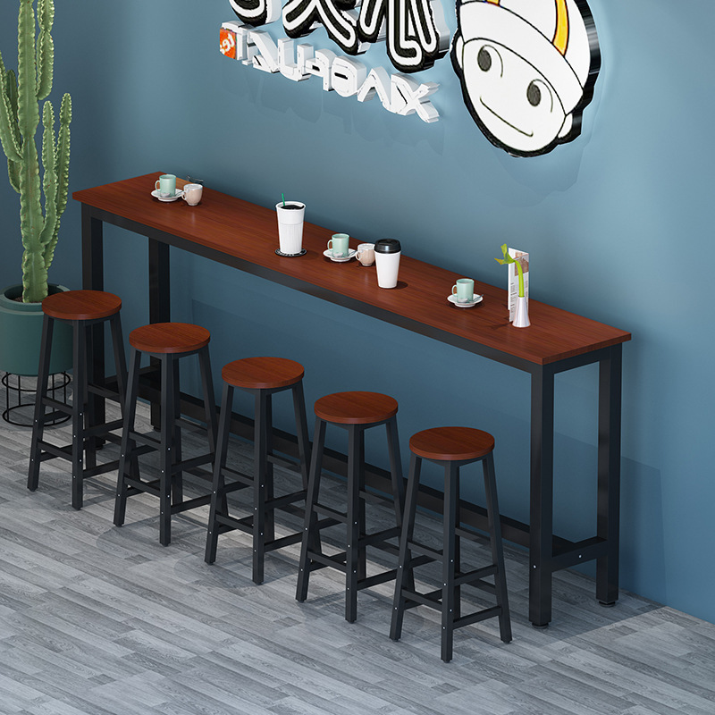奶茶店吧台桌椅酒吧咖啡店长条吧台桌休闲吧靠墙钢木桌高脚椅组合