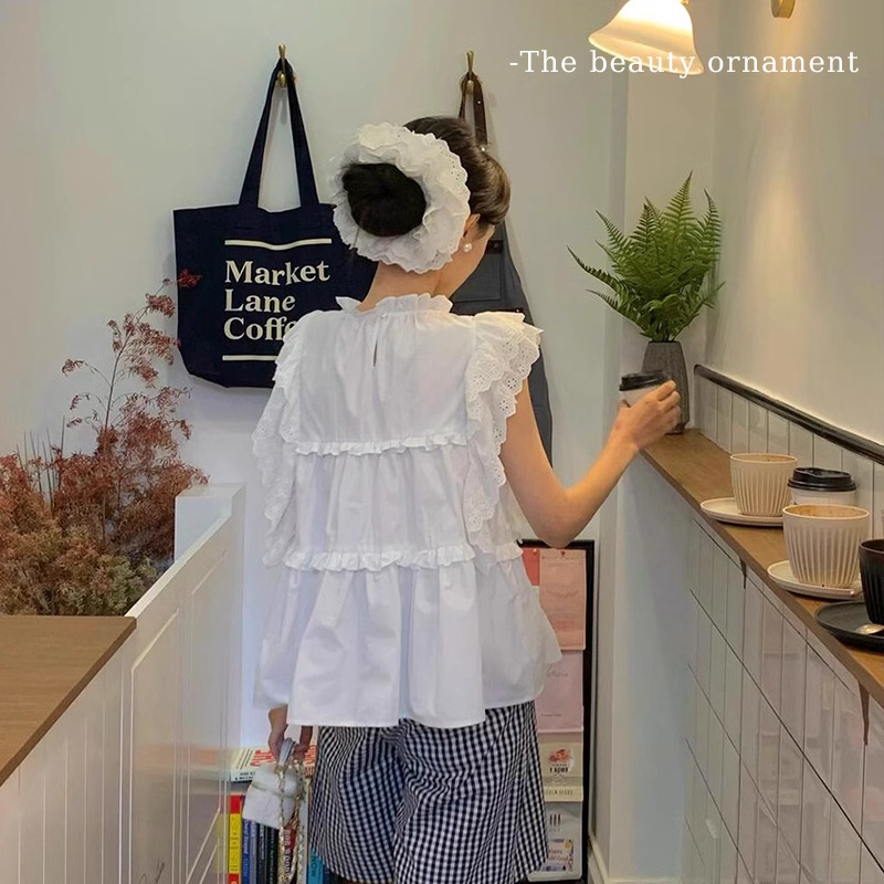 Francés de doble capa de encaje blanco anillo de cabello de intestino para niñas atado correa de cabello de alta sensación de cabello de niños red tocado rojo