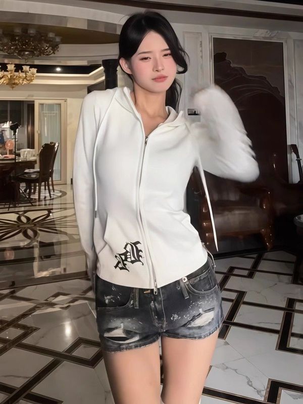 白色长袖连帽拉链开衫卫衣早秋新款气质百搭字母印花修身显瘦上衣|undefined