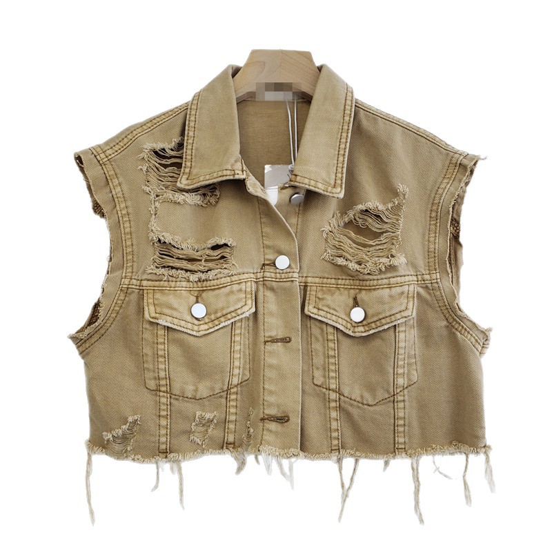 Personalidad europea agujero de bordes de algodón chaleco de vaquero chaqueta de mujer con el verano delgado 2025 nuevo clip corto image 5