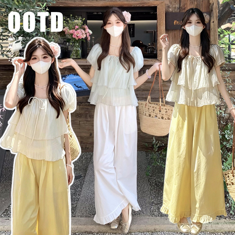 New Summer Maternity Wear, Korean Style Elegant and Sweet Two-Piece Shirt + Ruffled Pants Two-Piece Maternity Set