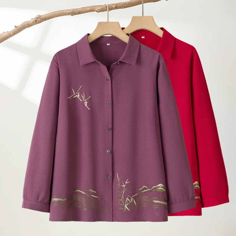 Spring and Autumn Shirts for Middle-Aged and Elderly Women, Grandma's Spring and Summer Long-Sleeve Shirts, Mom's Embroidered Thin Shirts, Elderly Lady's Clothing