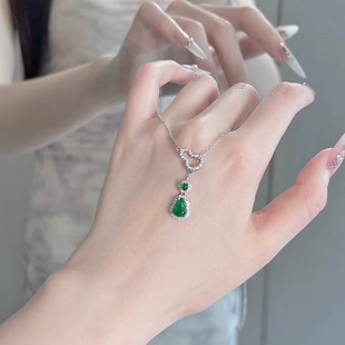 Natural Jade 925 Silver Inlaid Hollow Double Gourd Clavicle Chain New Chinese Style Diamond Inlaid Bright Green Small Gourd Necklace Dropshipping