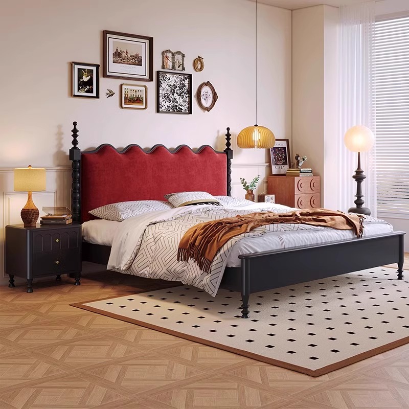 Cama doble de madera maciza de 1.8m estilo retrógrado negro americano pequeño estilo francés medieval cama principal cama de matrimonio cama individual de paquete blando
