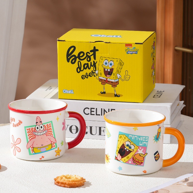 海绵宝宝正版授权礼品杯可爱卡通图案仿搪瓷水杯高颜值家用陶瓷杯