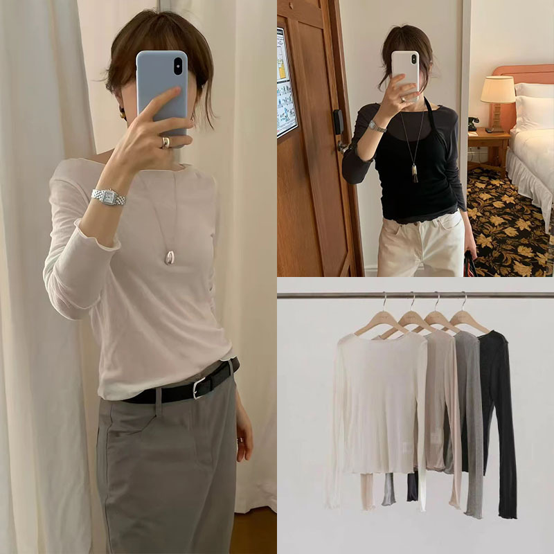Fan Sun·Xh Korean-Style Ruffled Long-Sleeve T-Shirt, Dongdaemun Autumn New Solid Color Slim-Fit Slimming Base Shirt