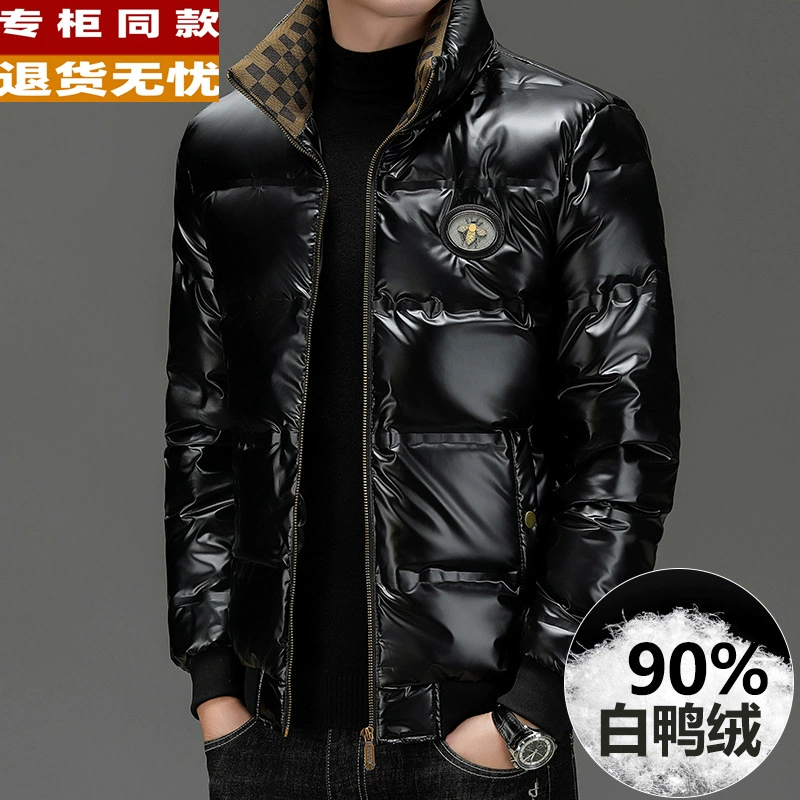 2025正品冬季羽绒服男短款轻薄保暖亮面免洗立领潮牌外套黑色灰色