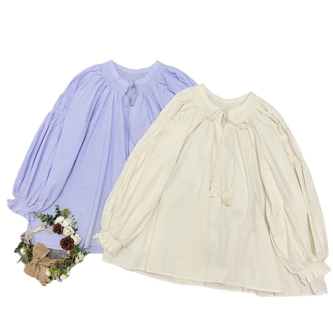 Japanisch inspirierte, herbstliche Bluse mit V-Ausschnitt, Faltenband, lockerem Schnitt und eleganten Laternenärmeln für Damen – ideal für Pendler._voghion.com