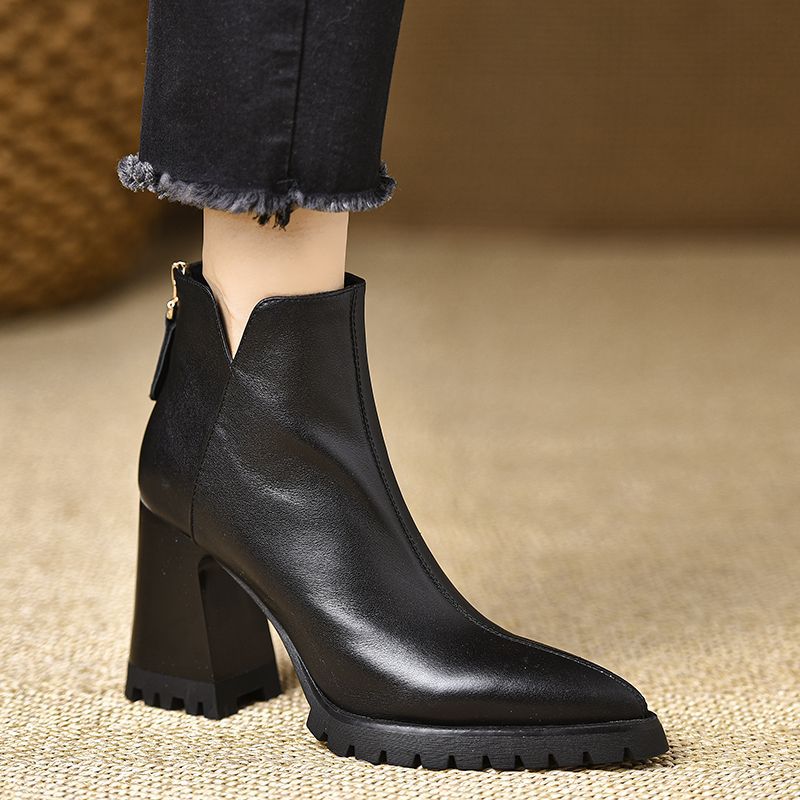 Vintage Style Waterproof Platform Soft Leather Patchwork Chunky Short For Women Autumn Winter New Pointed Toe Thick Sole_voghion.com
