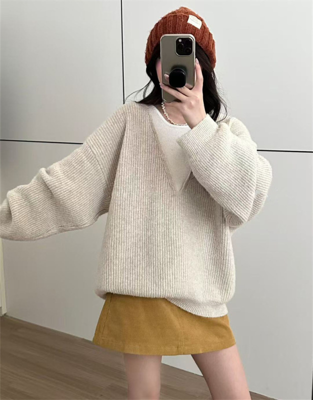 假两件套头毛衣女秋冬新款跨境大码韩系宽松慵懒风v领针织衫上衣|undefined