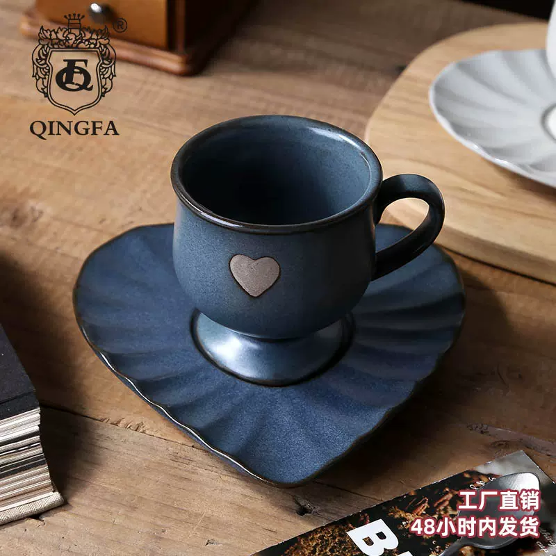 复古窑变咖啡杯碟 爱心咖啡杯套装高脚马克杯牛奶拿铁早餐杯logo