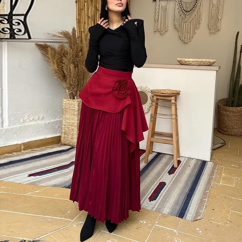 Saia midi de cintura subida saia plissada evasé com flores_voghion.com